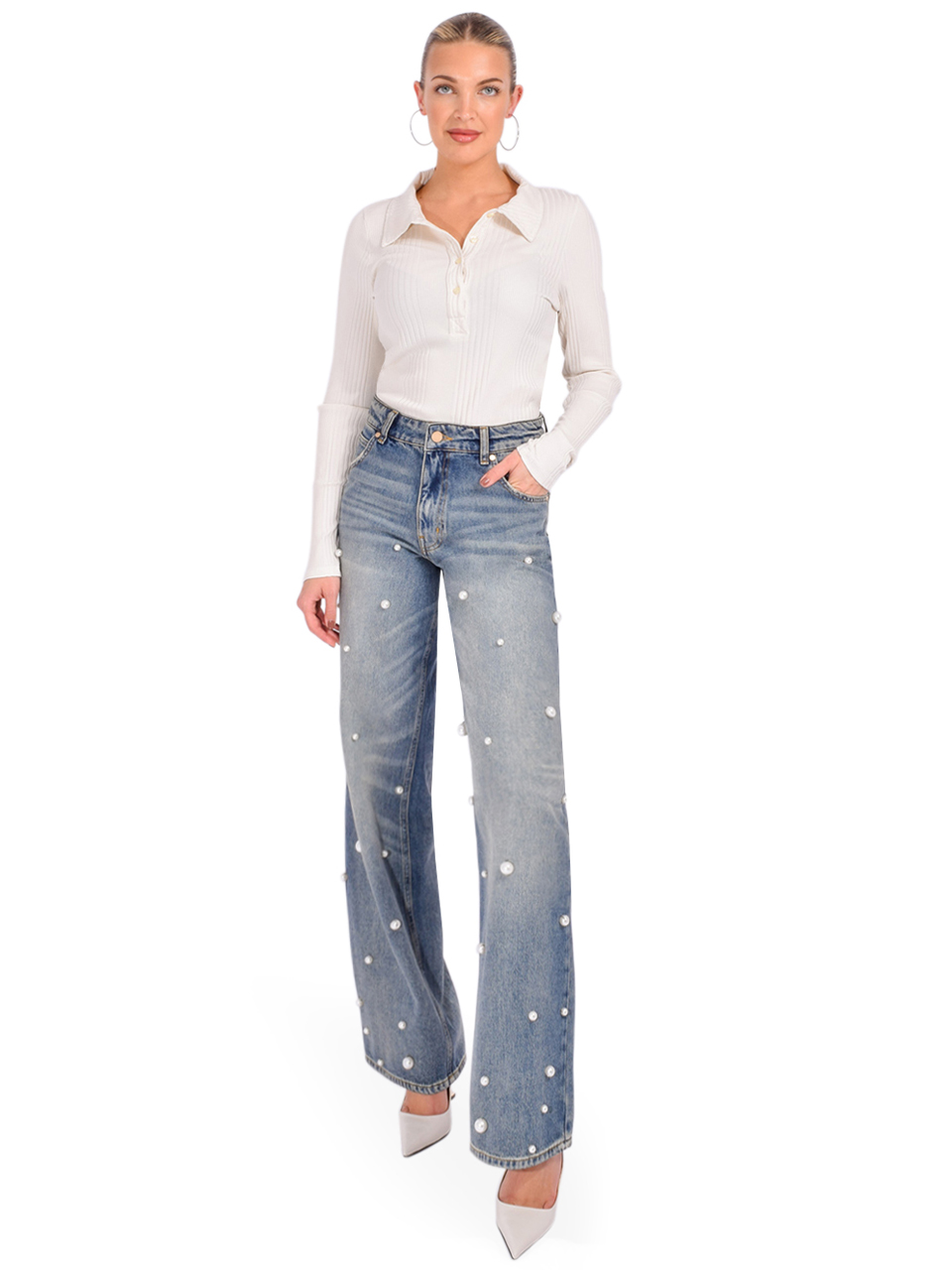 Essentiel Antwerp Held Pearl Embellished Jeans in Blue Full Outfit 