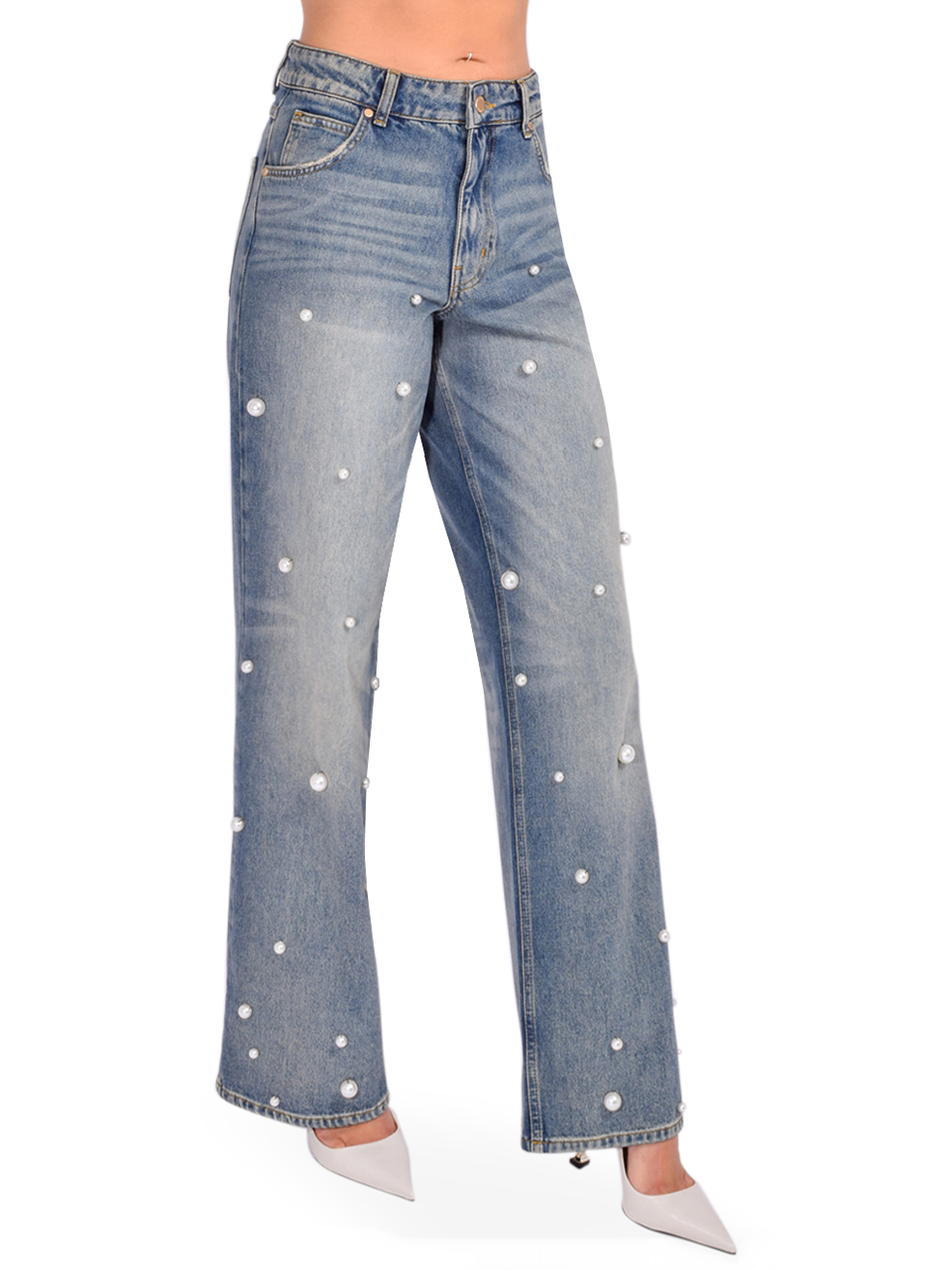 Essentiel Antwerp Held Pearl Embellished Jeans in Blue Side View 