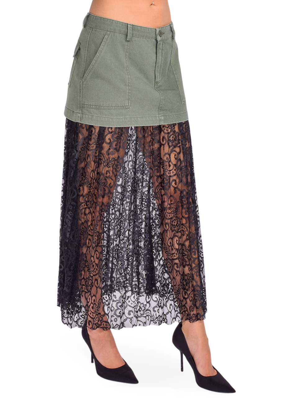 LE SUPERBE Seventythirty Utility Skirt in Green/Black Side View 