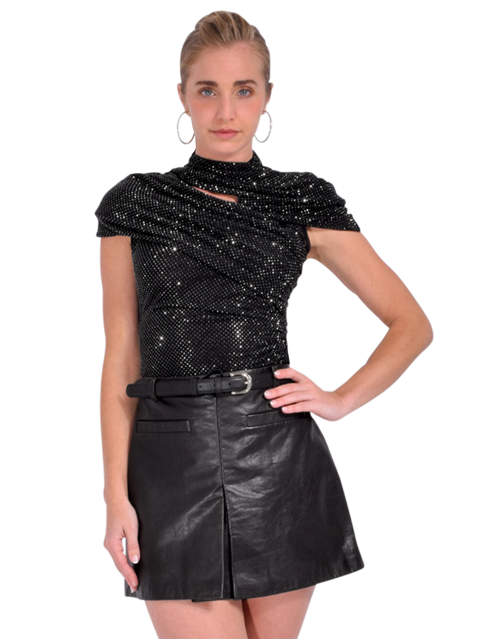 Self-Portrait Black Rhinestone Mesh Cut Out Top Front View 