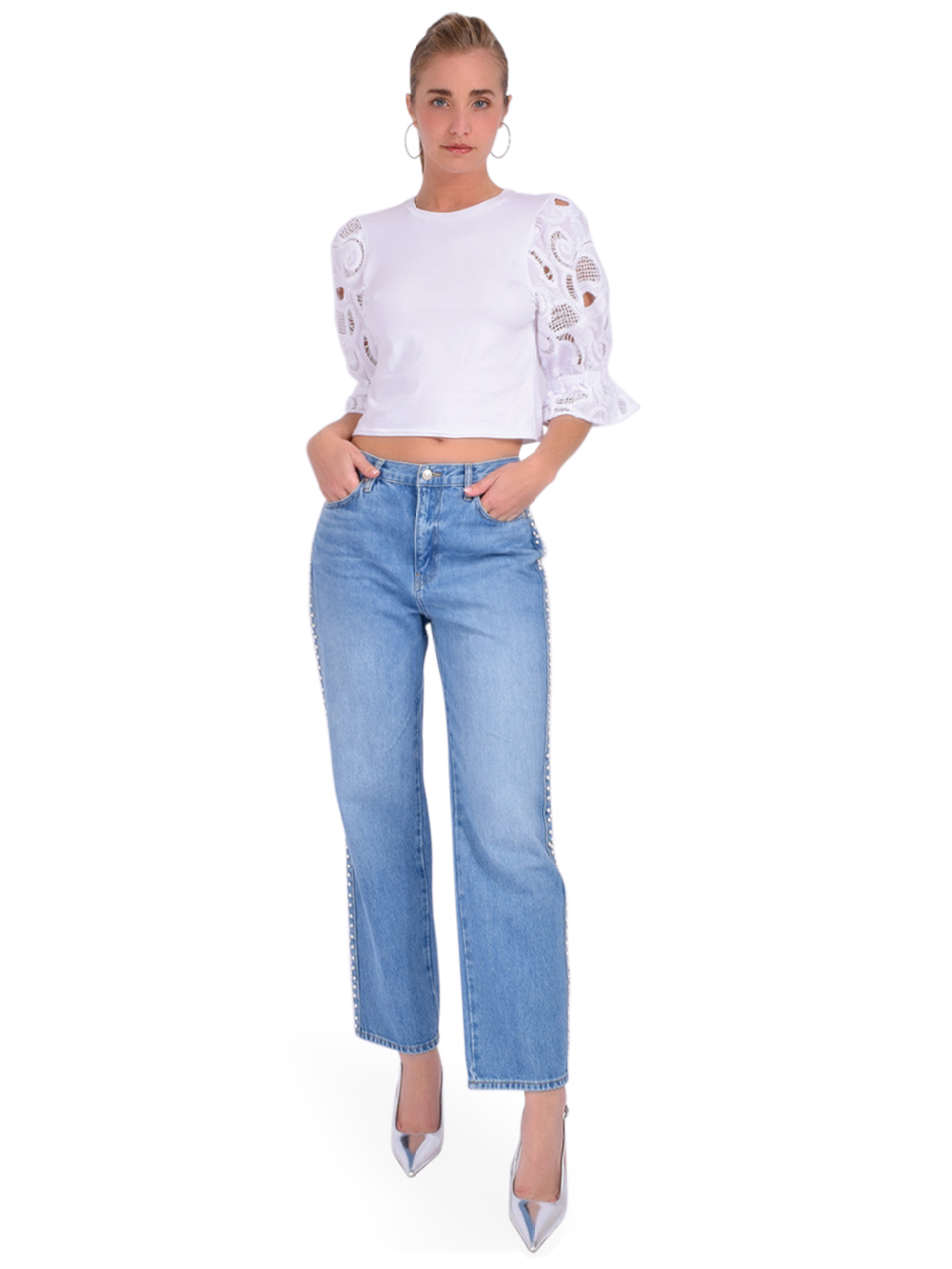 CINQ A SEPT Embroidered Cotton Paisley Carmine Top in White Full Outfit 