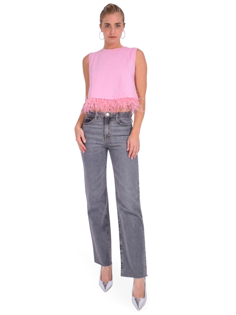 CINQ A SEPT Cropped Feather Tee in Pink Full Outfit 