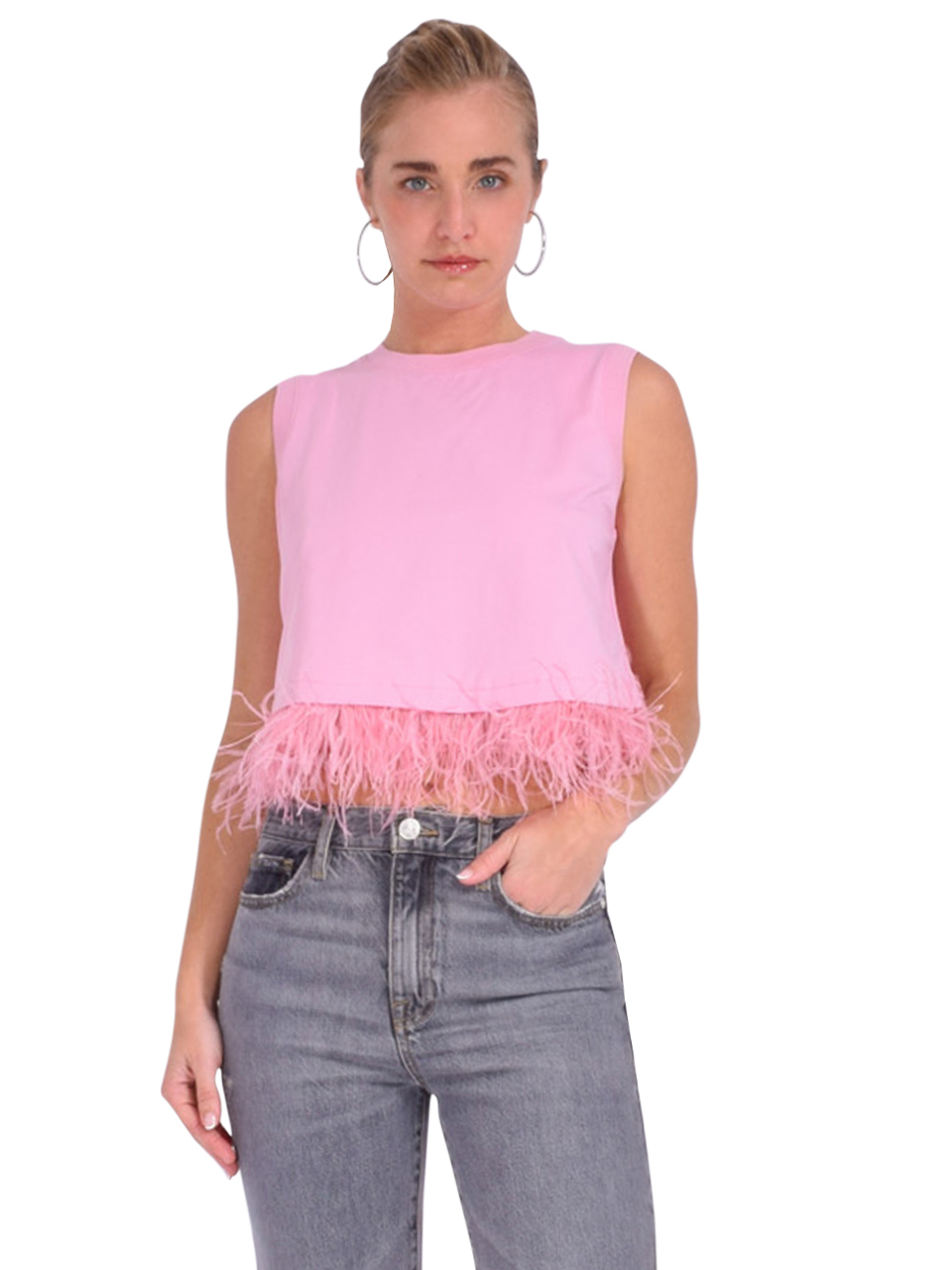 CINQ A SEPT Cropped Feather Tee in Pink Front View 