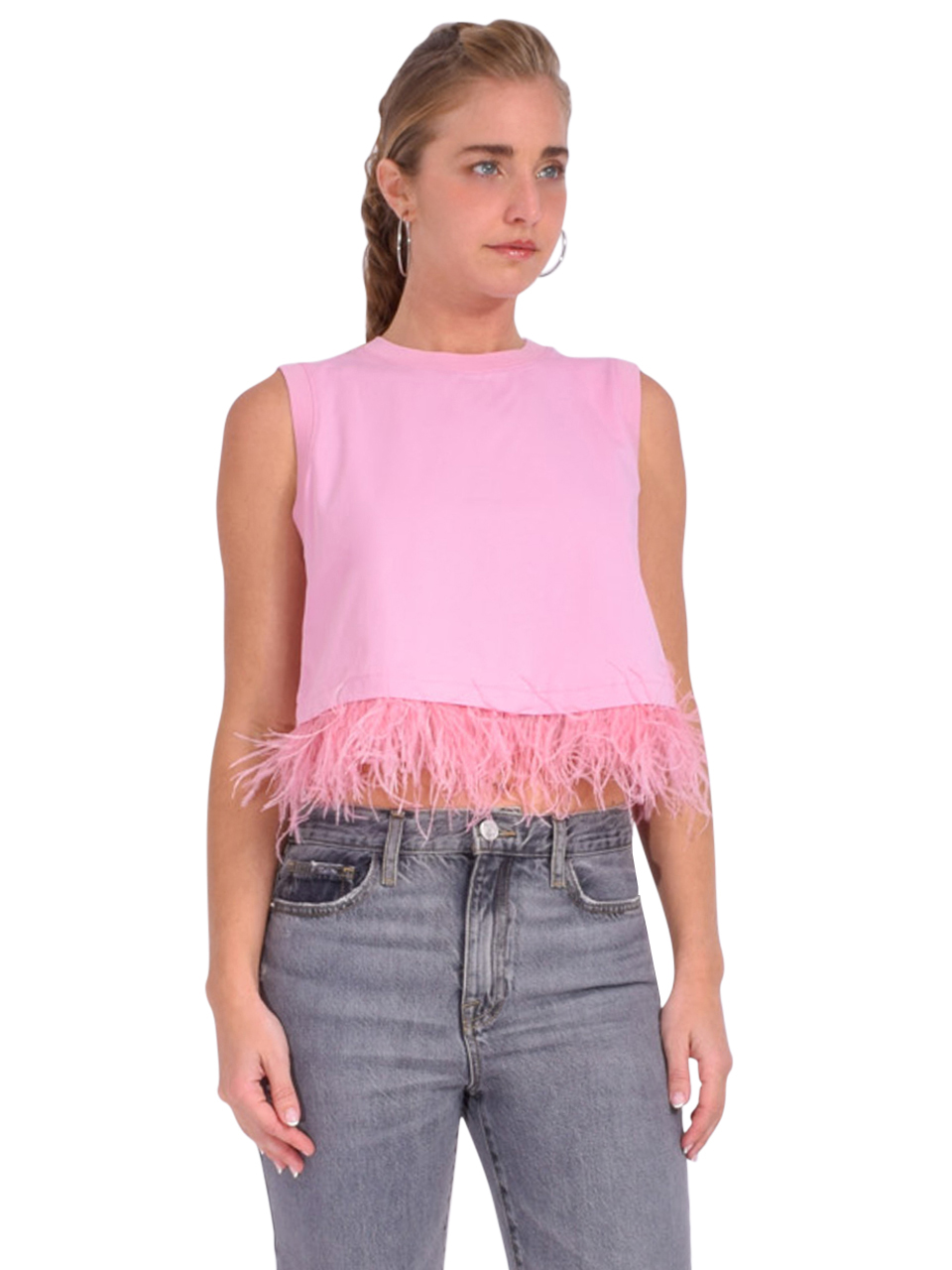 CINQ A SEPT Cropped Feather Tee in Pink Side View 