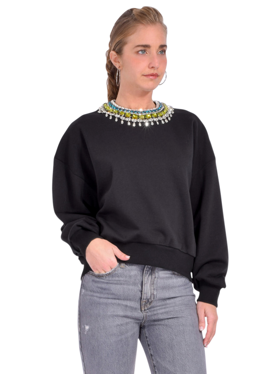 CINQ A SEPT Stacked Necklace Brandy Pullover in Black Side View 