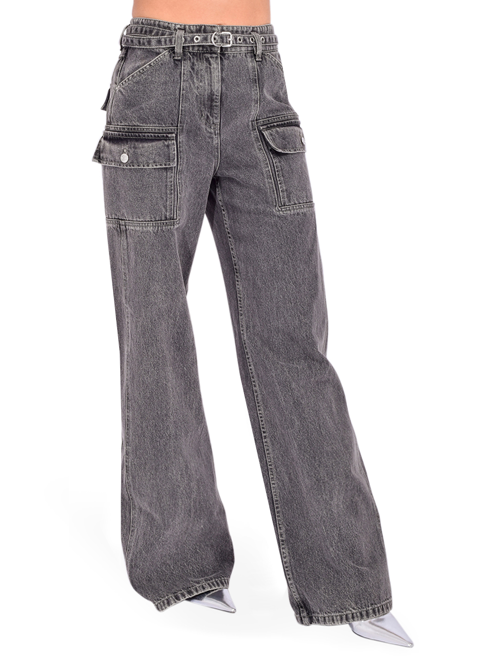 3.1 Phillip Lim Cargo Wide Leg Belted Jeans in Gray Side View