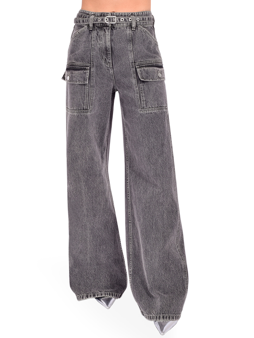 3.1 Phillip Lim Cargo Wide Leg Belted Jeans in Gray Front View 
