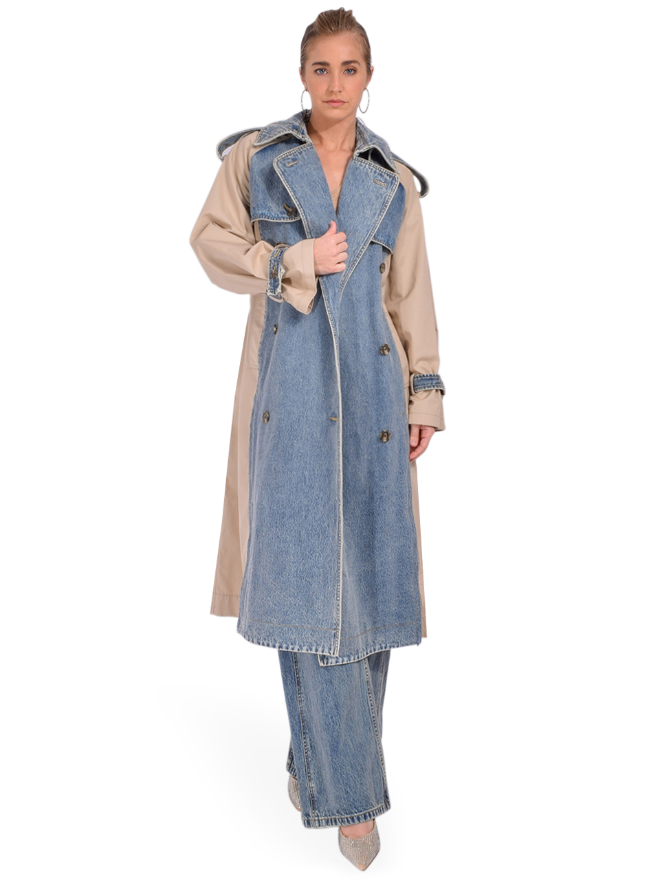 3.1 Phillip Lim Hybrid Denim Trench in Washed Indigo-Khaki Front View 2
