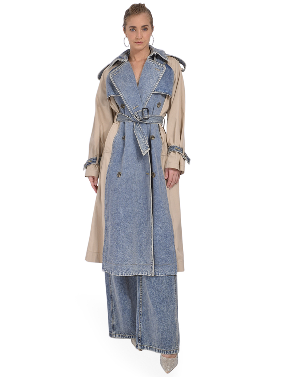 3.1 Phillip Lim Hybrid Denim Trench in Washed Indigo-Khaki Front View 1