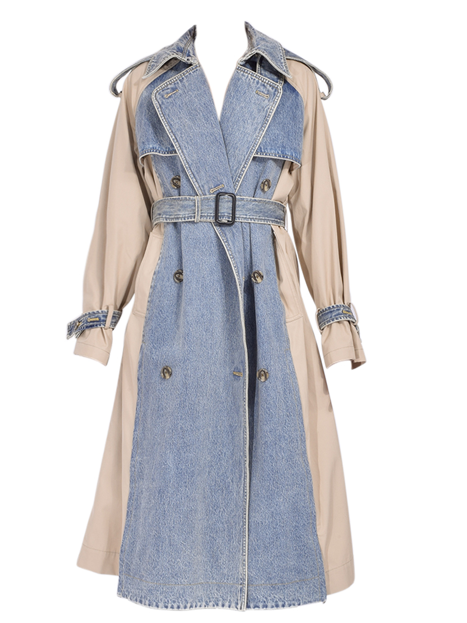 3.1 Phillip Lim Hybrid Denim Trench in Washed Indigo-Khaki Product Shot 

