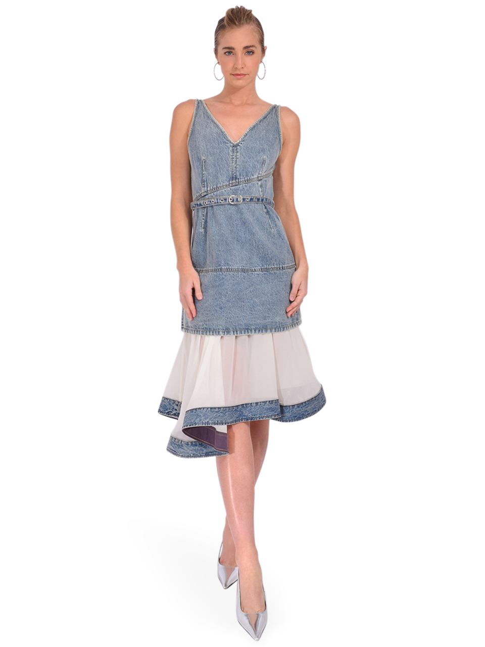 3.1 Phillip Lim Denim V Neck Dress with Chiffon Hem Front View 1