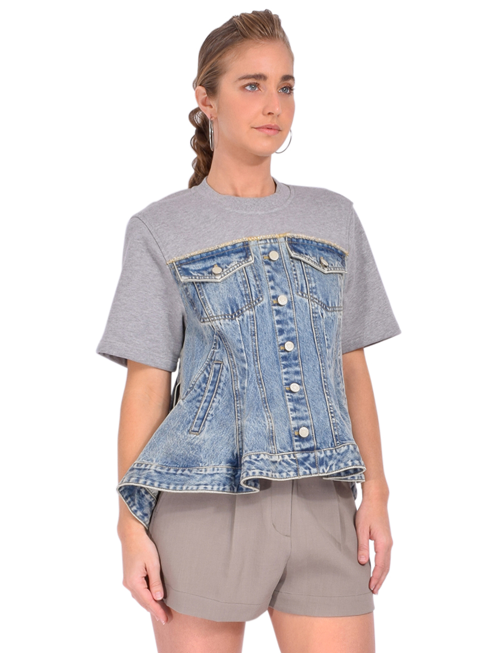 3.1 Phillip Lim Flounce Hem Hybrid Denim Top in Washed