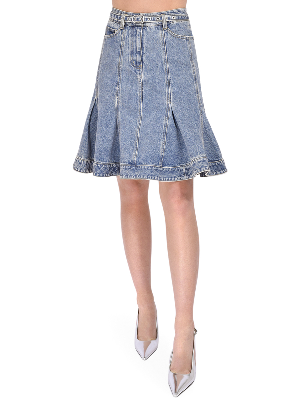 3.1 Phillip Lim Flounce Hem Belted Denim Skirt in Washed Indigo Front View