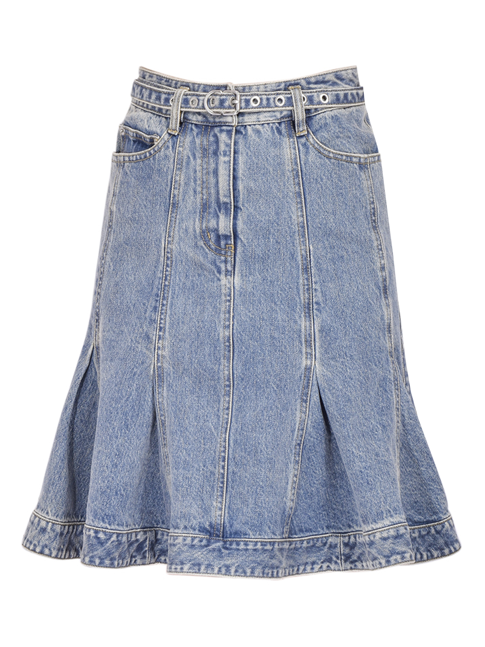 3.1 Phillip Lim Flounce Hem Belted Denim Skirt in Washed Indigo Product Shot 