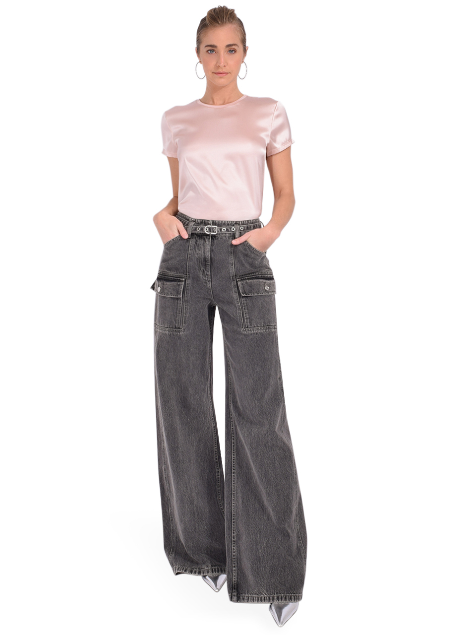 ATM Stretch Charmeuse Crew Neck Tee in Oyster Pink Full Outfit 
