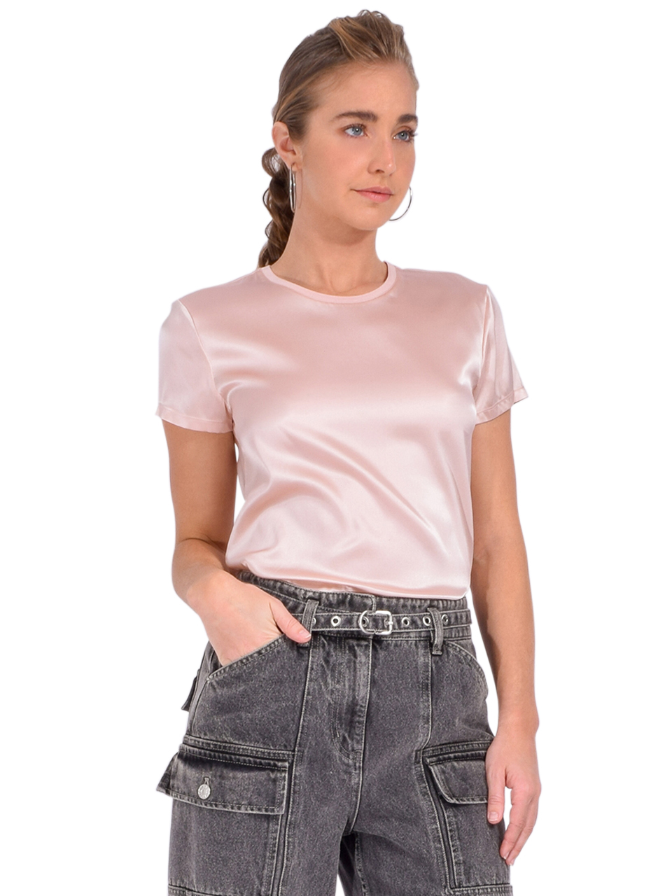 ATM Stretch Charmeuse Crew Neck Tee in Oyster Pink Side View 