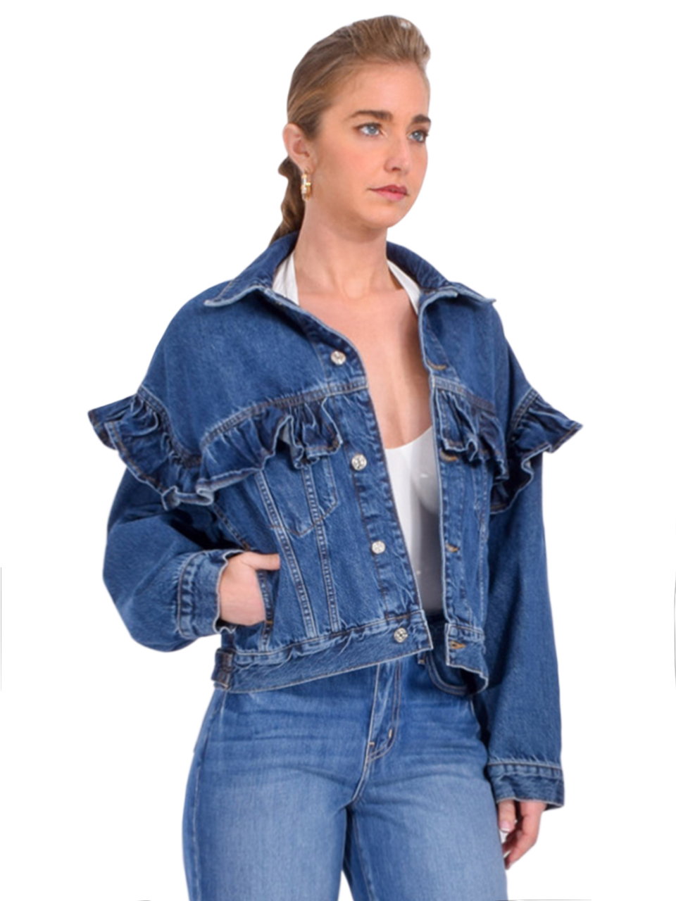FRAME The Ruffle Jacket in Twisted Blue Side View 