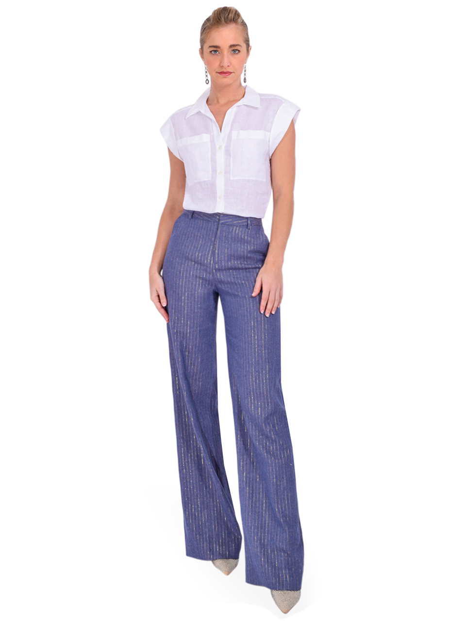L'Agence Livvy Pinstriped Trouser in Blue Pinstripe Full Outfit 