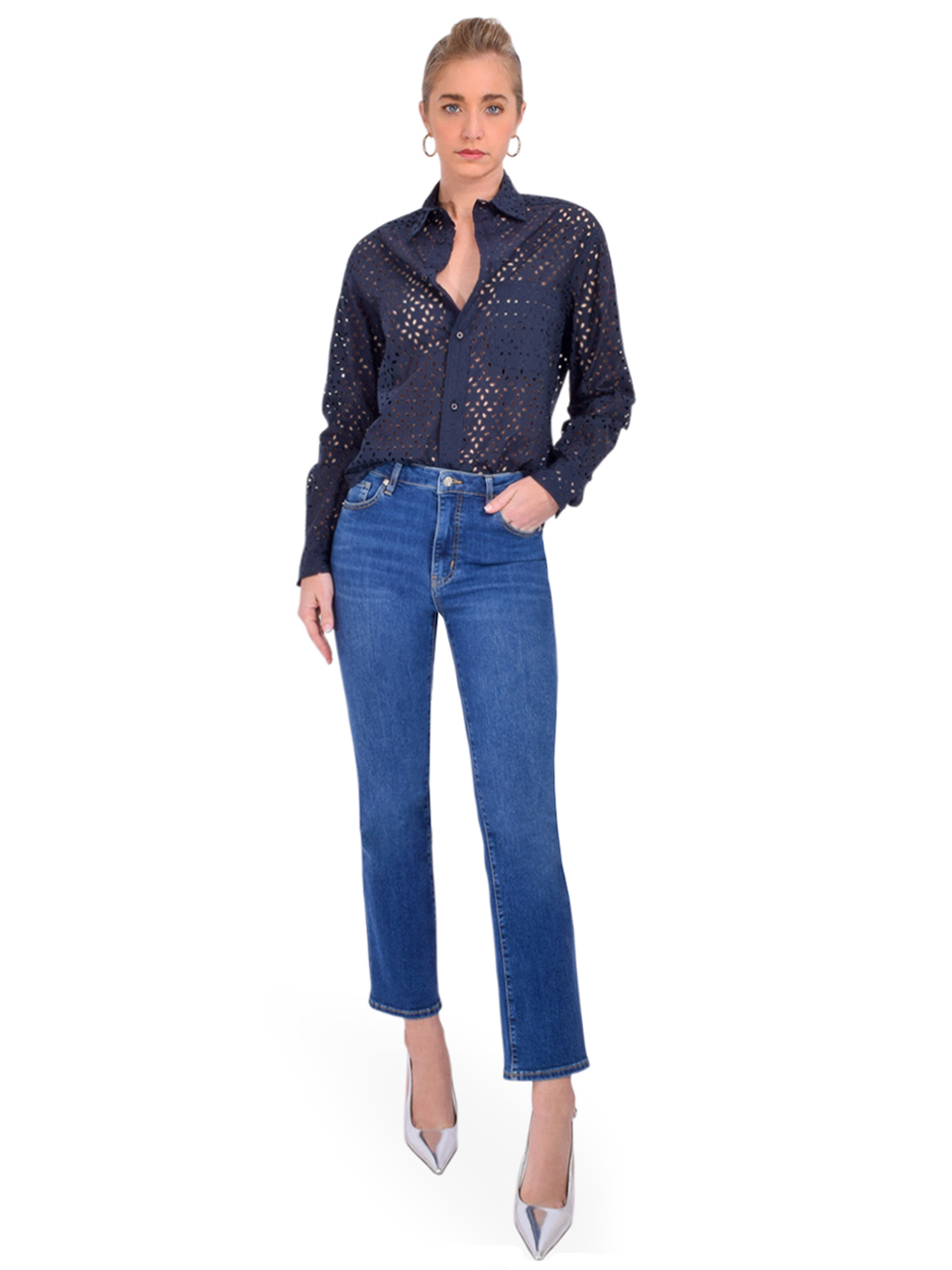 CISSA The DAILY Shirt in Navy Cotton Eyelet Full Outfit 