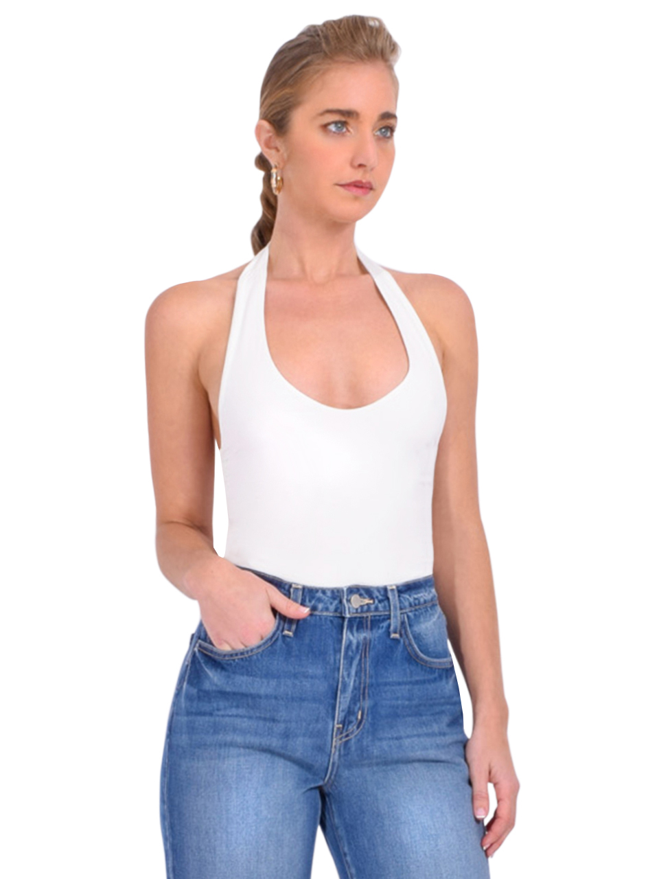 SANS FAFF Bamboo Halter Bodysuit in White Side View 