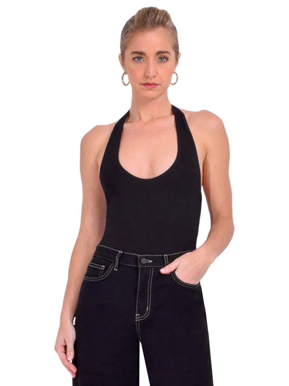 SANS FAFF Bamboo Halter Bodysuit in Black Front View 