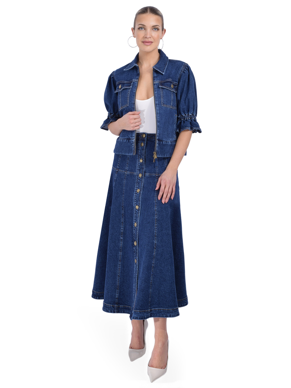 Cinq à Sept Veena Denim Midi Skirt Full Outfit 
