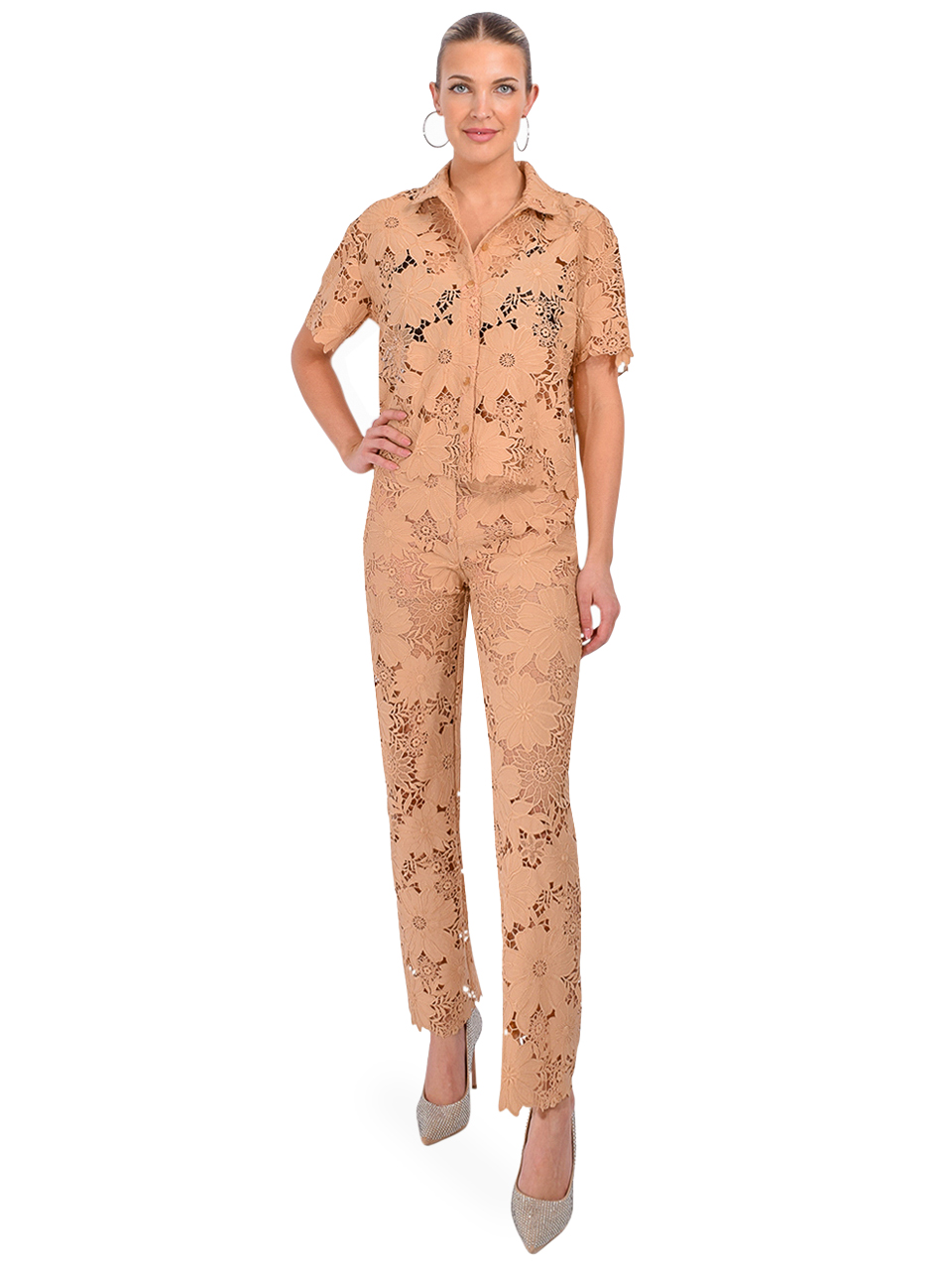 LE SUPERBE Suntan Lace Camp Pants in Tan Full Outfit 