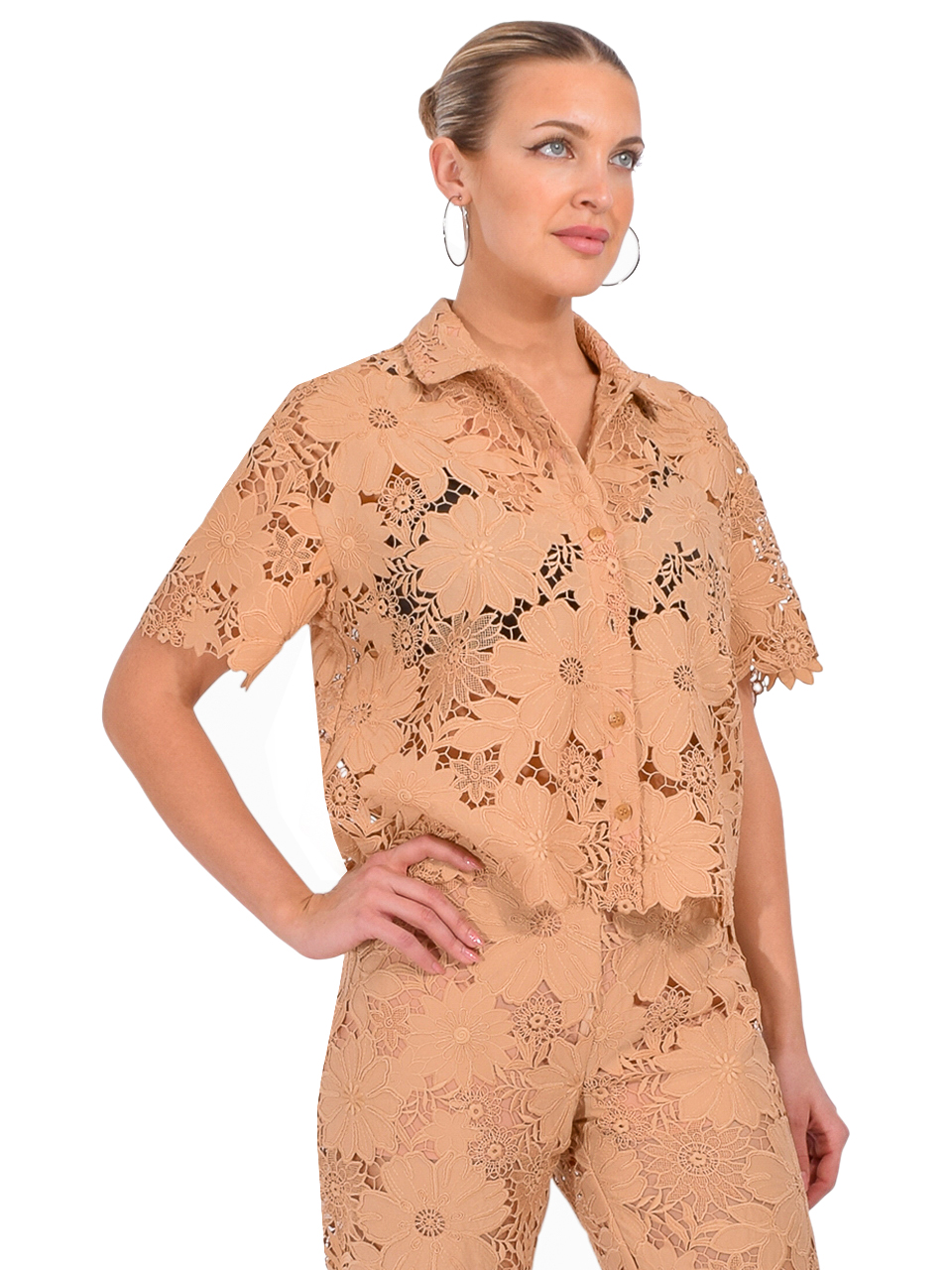 LE SUPERBE Suntan Lace Camp Shirt in Tan Side View