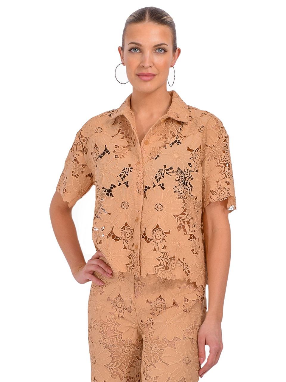 LE SUPERBE Suntan Lace Camp Shirt in Tan Front View 