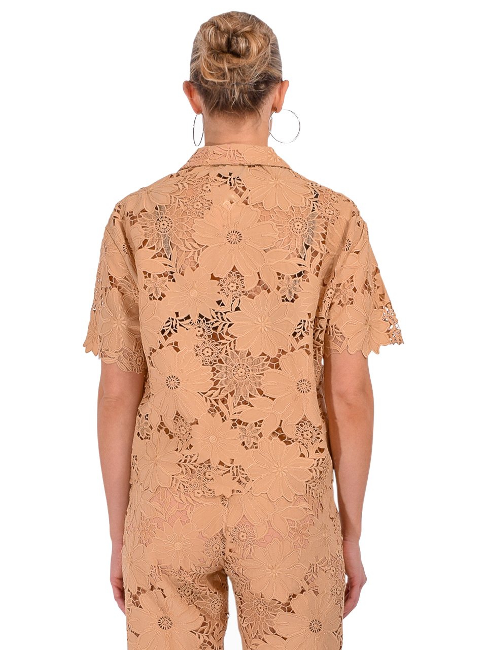 LE SUPERBE Suntan Lace Camp Shirt in Tan Front View 