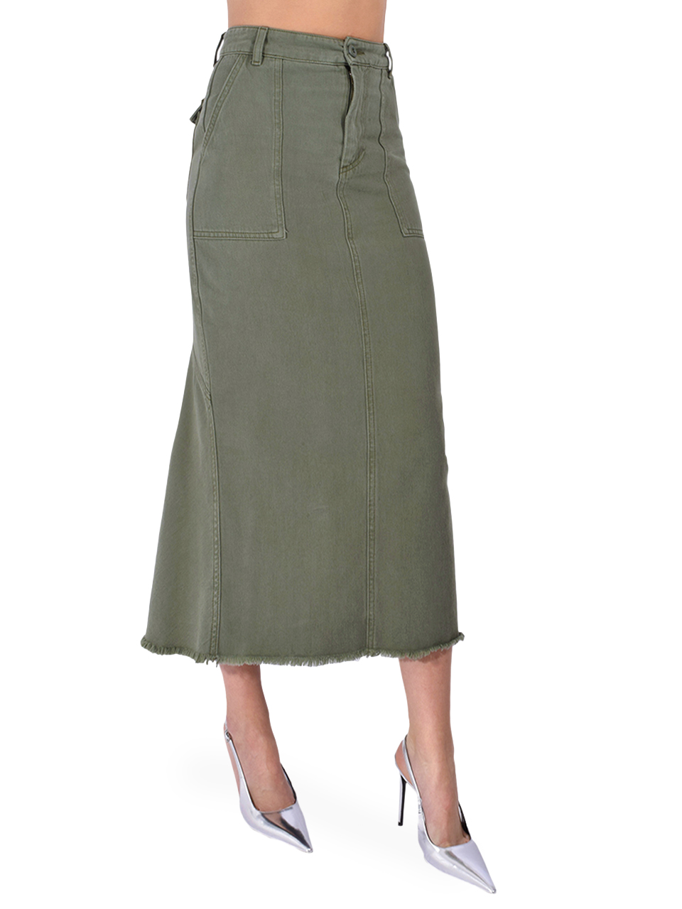 LE SUPERBE Very Mindful Denim Midi Skirt in Kush Side View