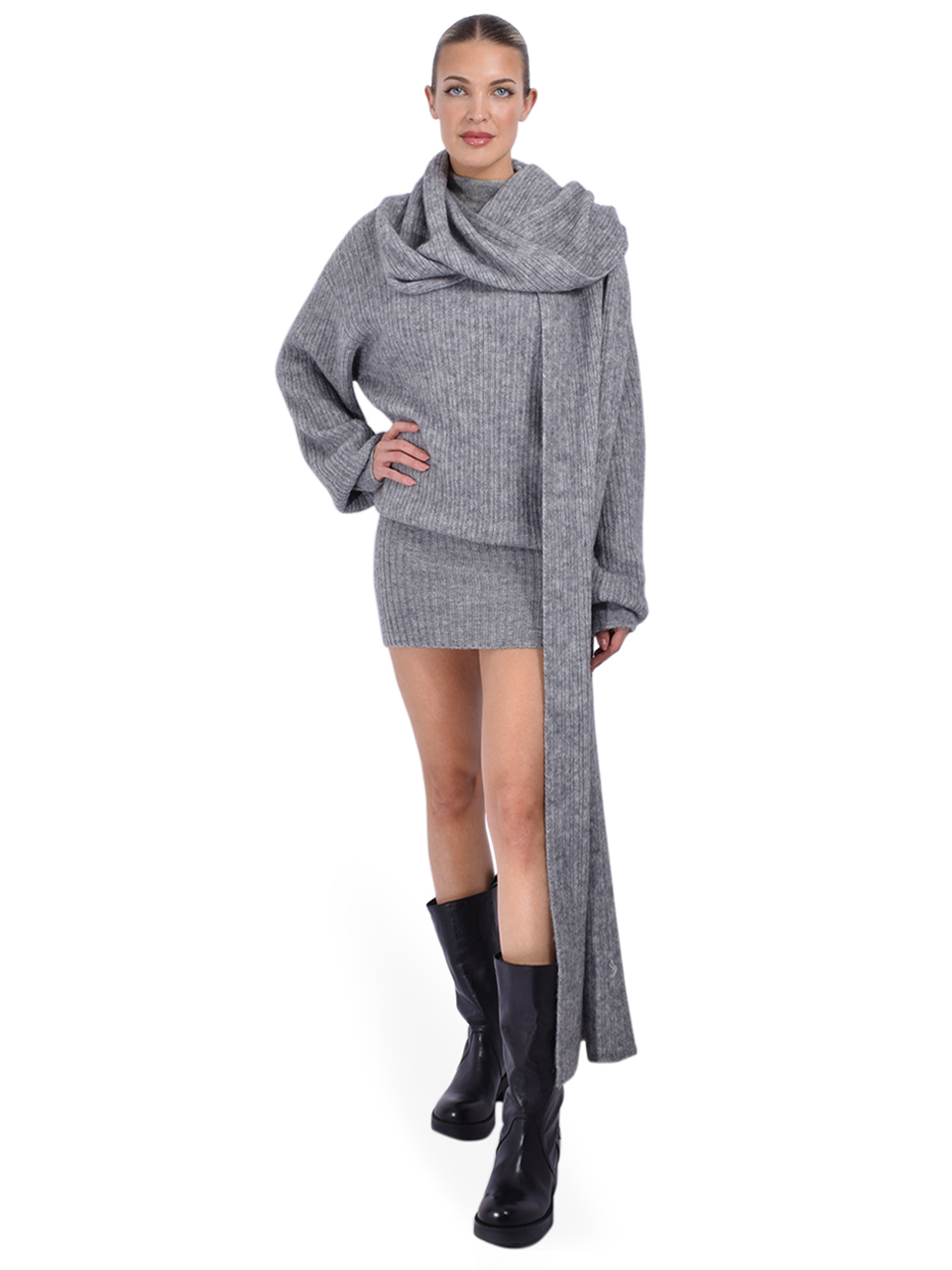 Retrofete Isabeau Sweater Dress with Scarf in Gray Retrofete Isabeau Sweater Dress with Scarf in Gray