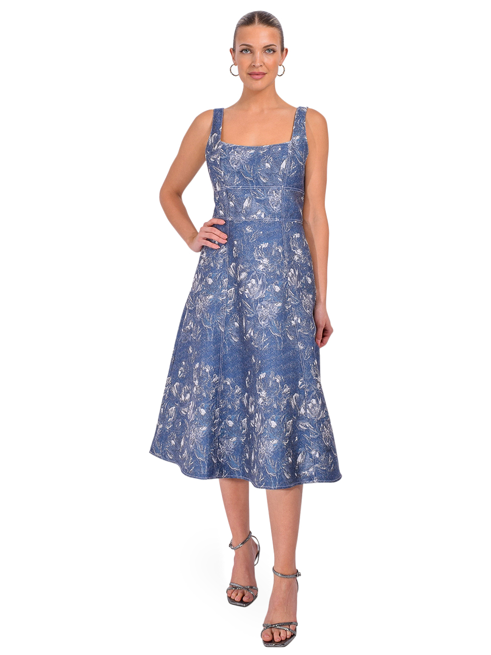 GILNER FARRAR Paola Dress in Denim Floral Jacquard Front View 1