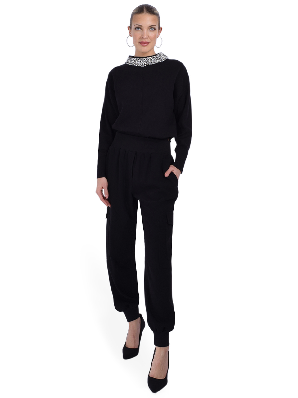 THEO Nomia Embellished Oversized Pullover in Black Full Outfit 

