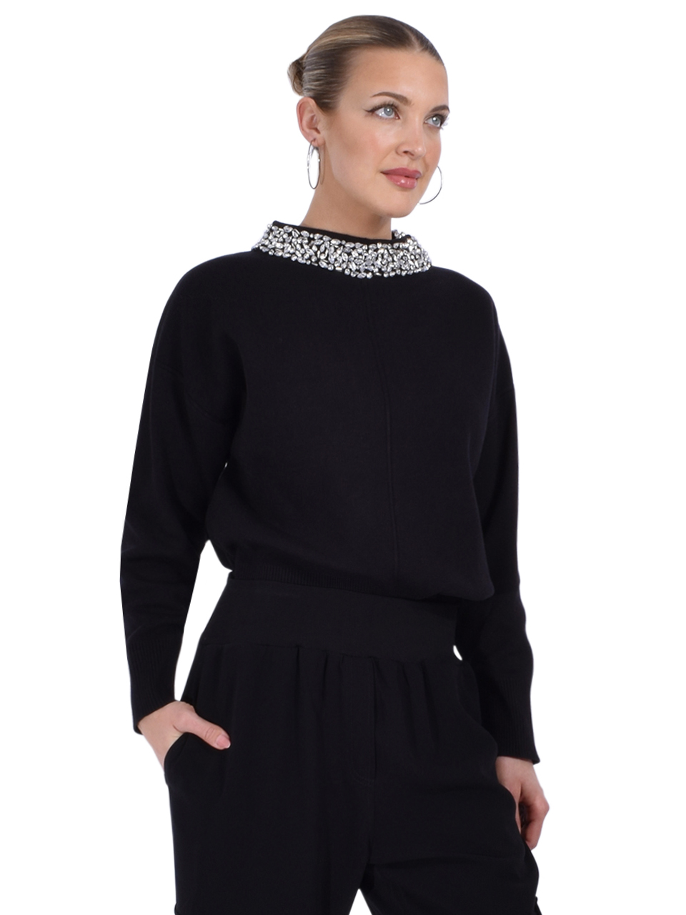 THEO Nomia Embellished Oversized Pullover in Black Side View 