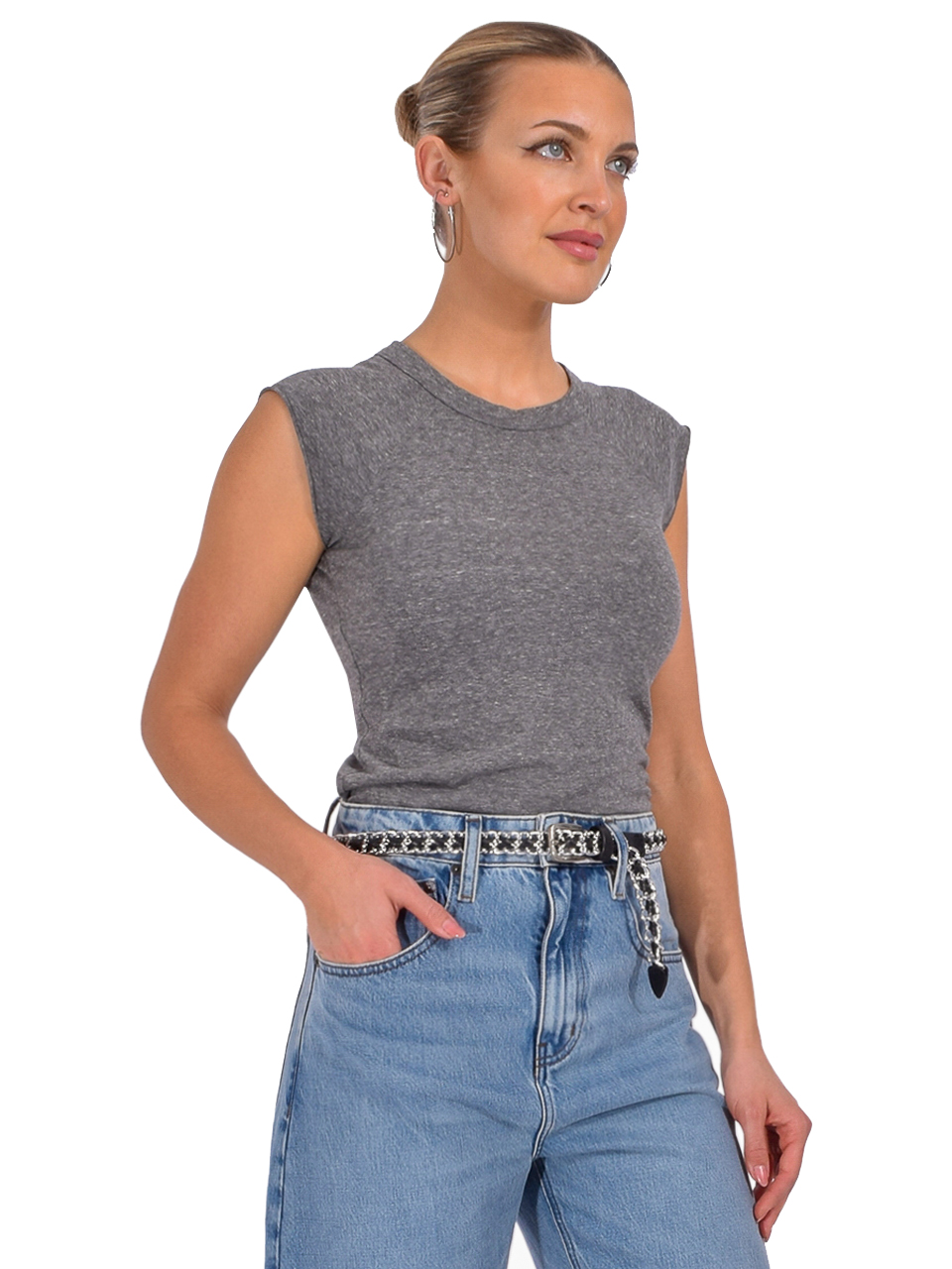 NSF Chloe Fitted Raglan Tee in Charcoal Gray Side View 