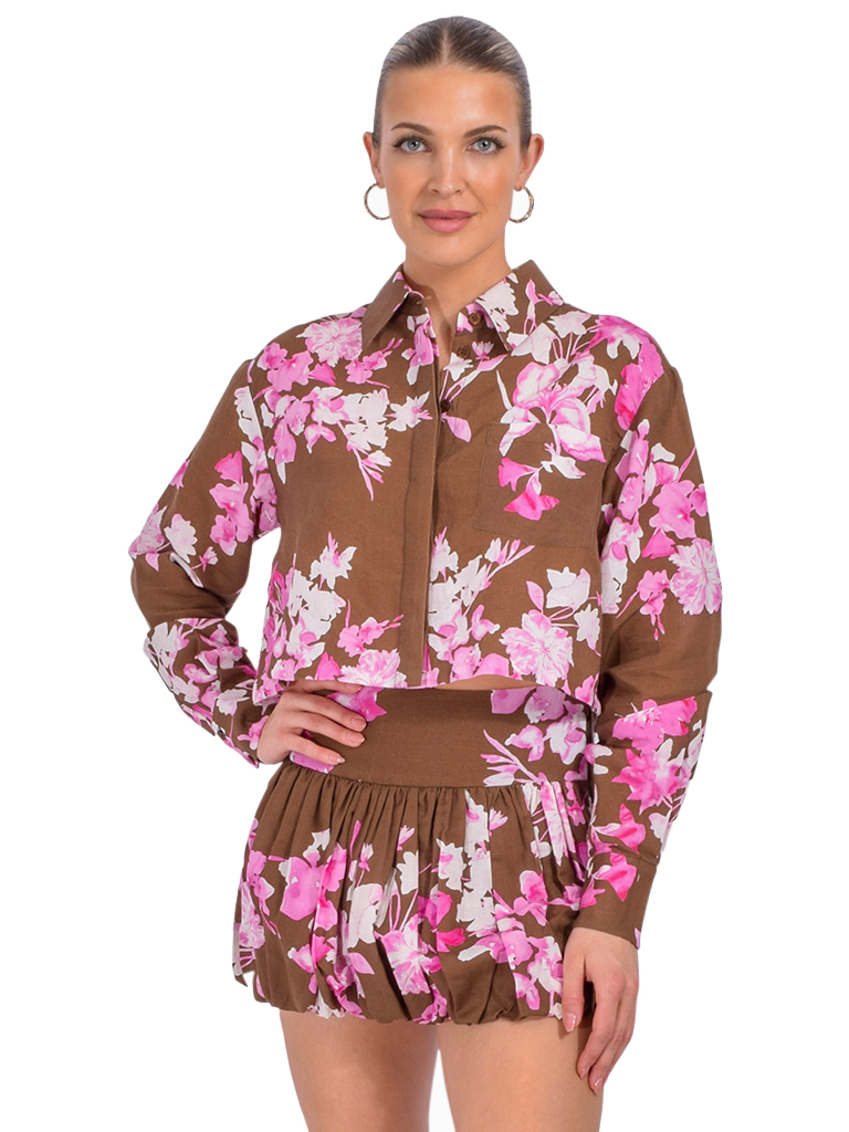 Rococo Sand Alfy Crop Shirt in Brown and Pink Front View 