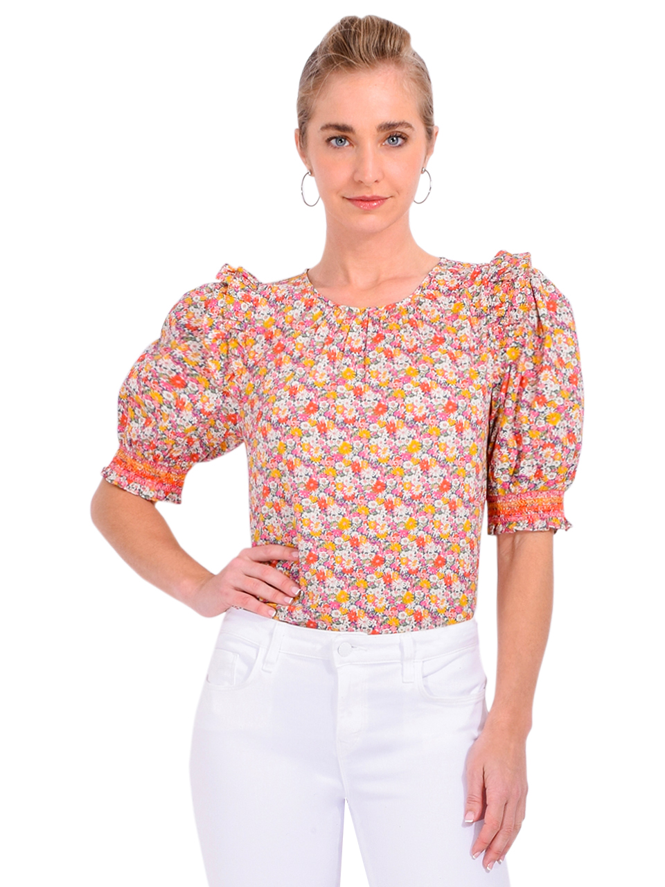 LOVE THE LABEL Penelope Top in Pink Libby Print Front View 
