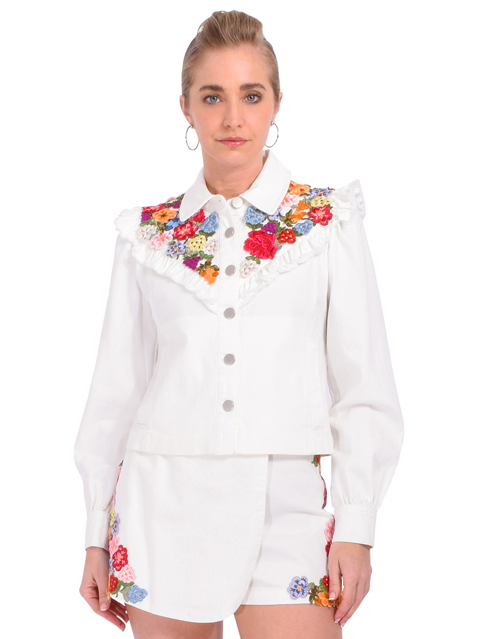 LOVE THE LABEL Jocelyn Floral Embroidered Jacket in White Front View 