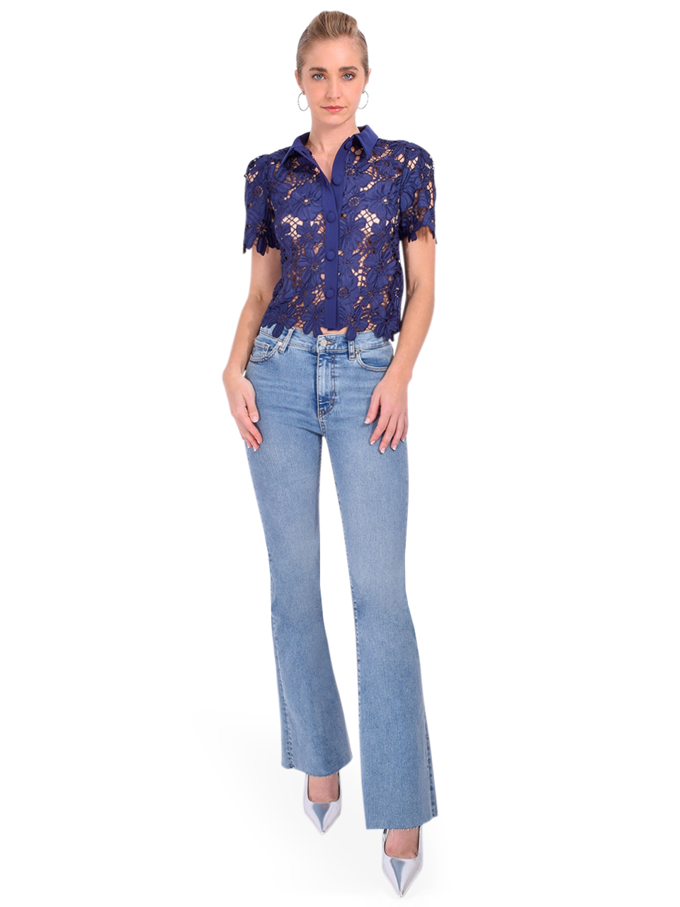 MILLY Addison Roja Lace Top in Navy Full Outfit 