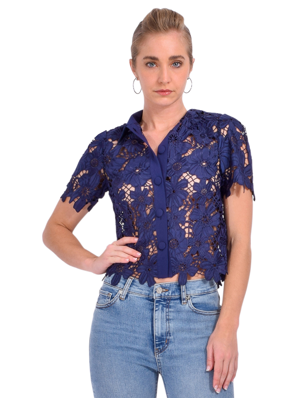 MILLY Addison Roja Lace Top in Navy Front View 