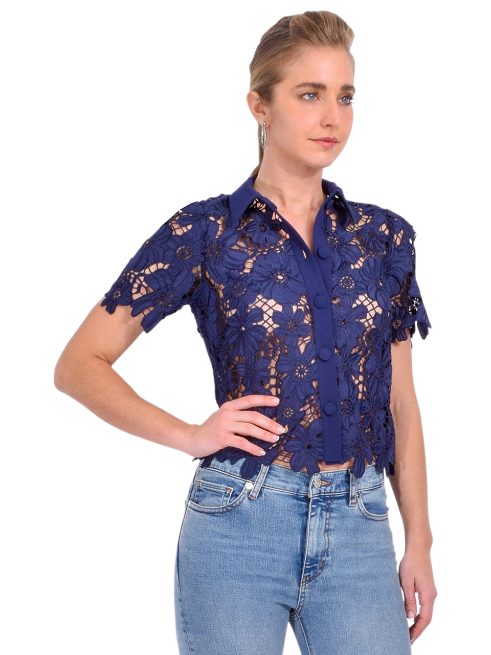 MILLY Addison Roja Lace Top in Navy Side View 