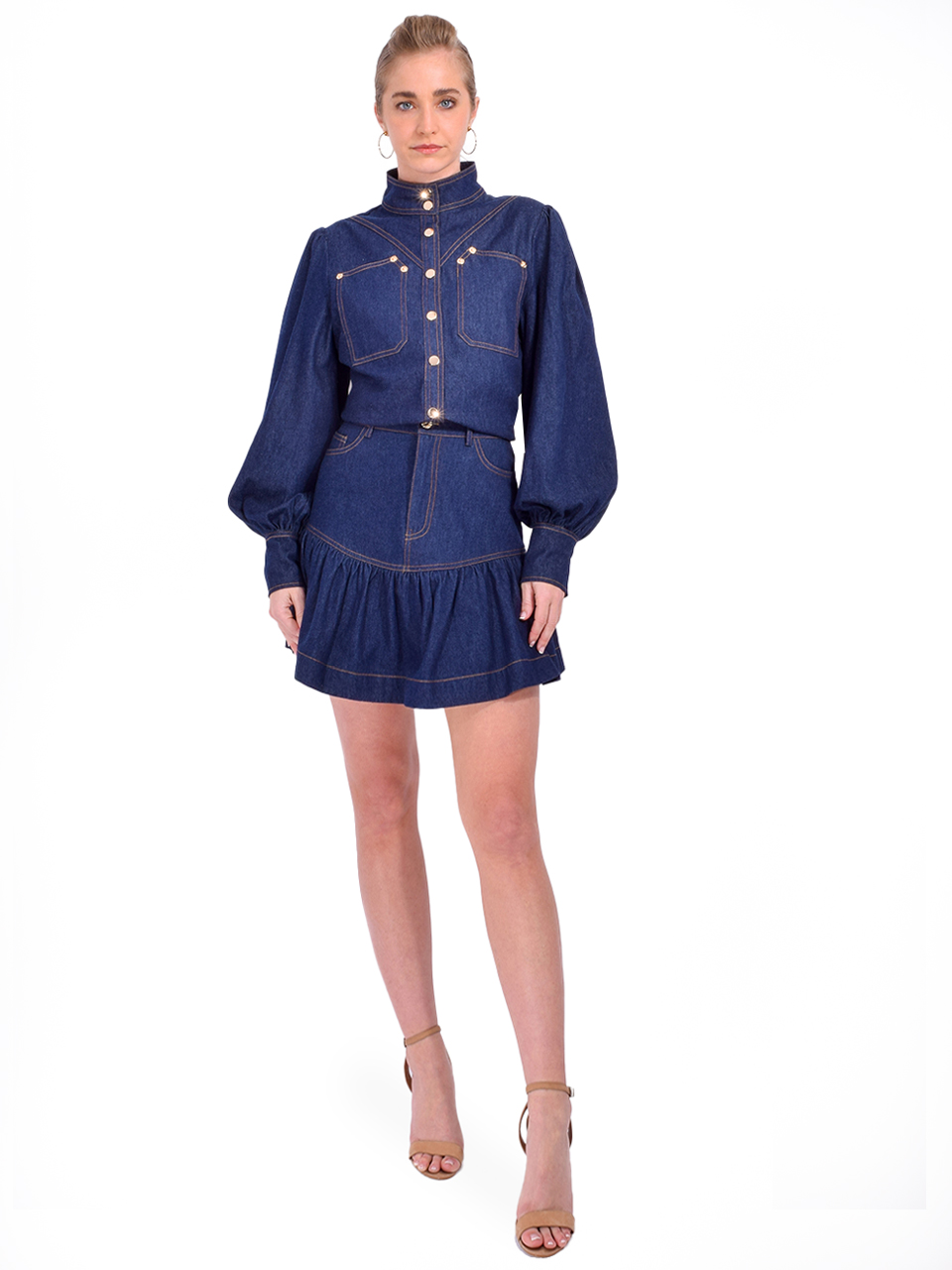 KARINA GRIMALDI Maverick Denim Mini Skirt in Blue Full Outfit 