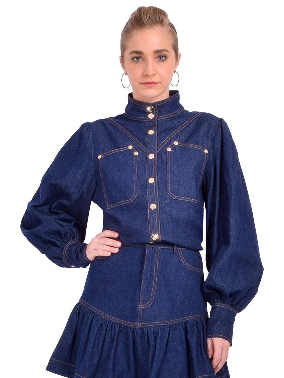 KARINA GRIMALDI Saraswati Denim Top in Blue Front 