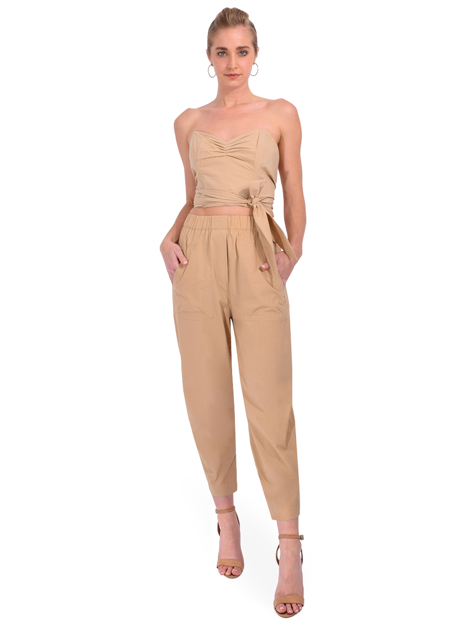 OTTOD'AME Poplin Bustier Wrap Top in Tan Full Outfit 
