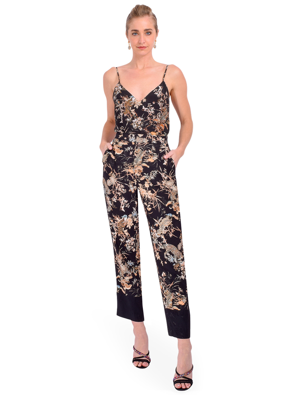 L'AGENCE Jane Silk Camisole in Black Multi Tapestry Jungle Full Outfit 