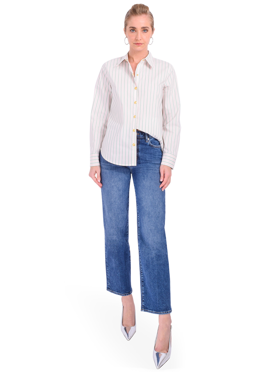 L'AGENCE Ellery Poplin Button-Down Shirt in Baby Pink and Sage Stripe Full Outfit 