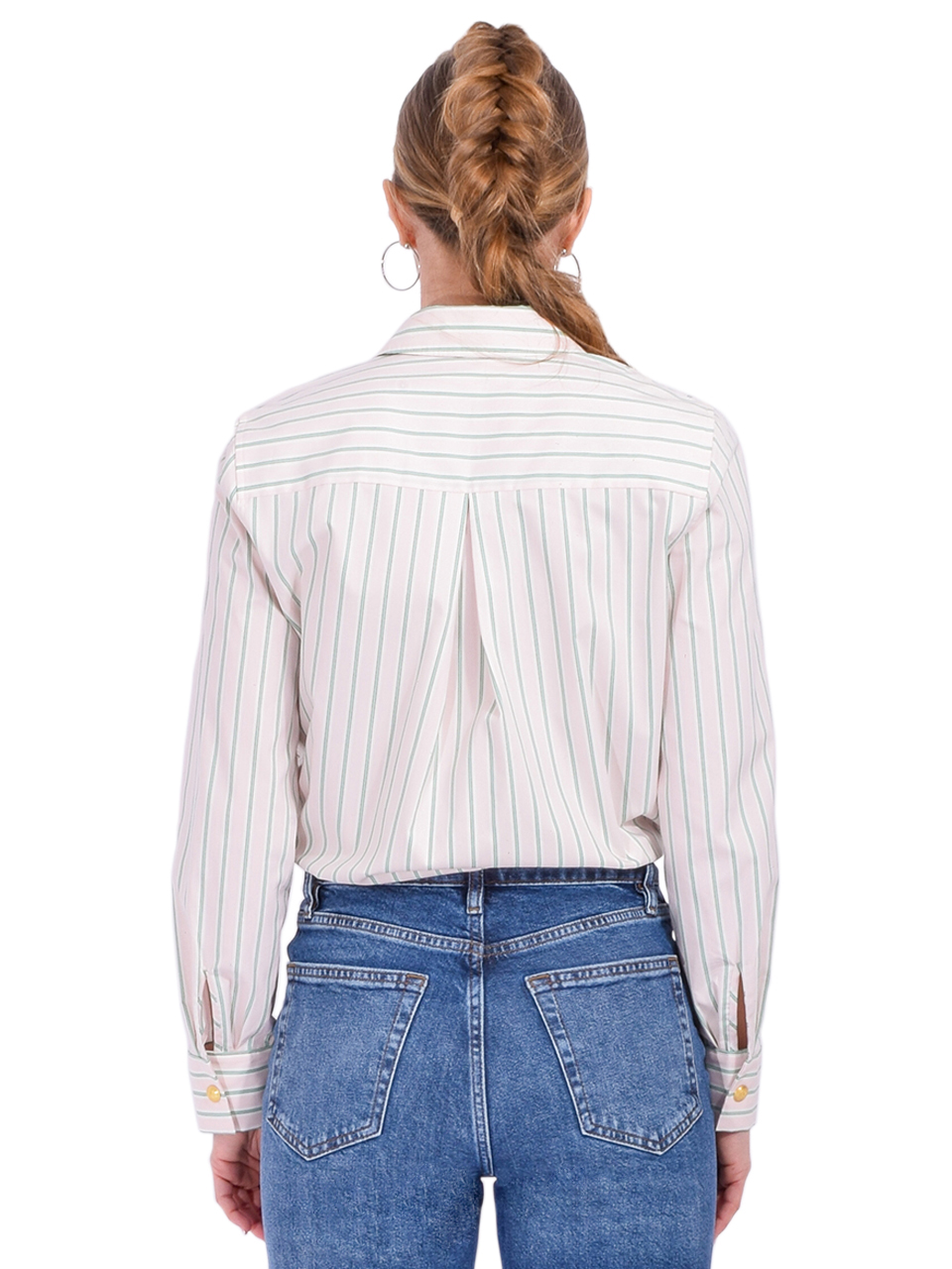 L'AGENCE Ellery Poplin Button-Down Shirt in Baby Pink and Sage Stripe Back View 