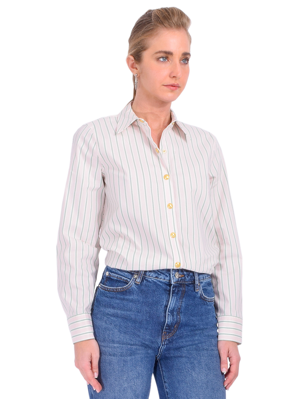 L'AGENCE Ellery Poplin Button-Down Shirt in Baby Pink and Sage Stripe Side View 