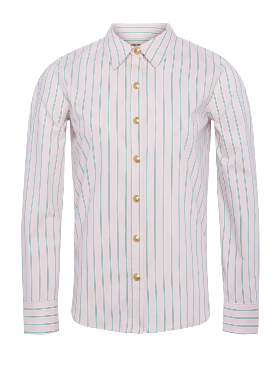L'AGENCE Ellery Poplin Button-Down Shirt in Baby Pink and Sage Stripe Product Shot 